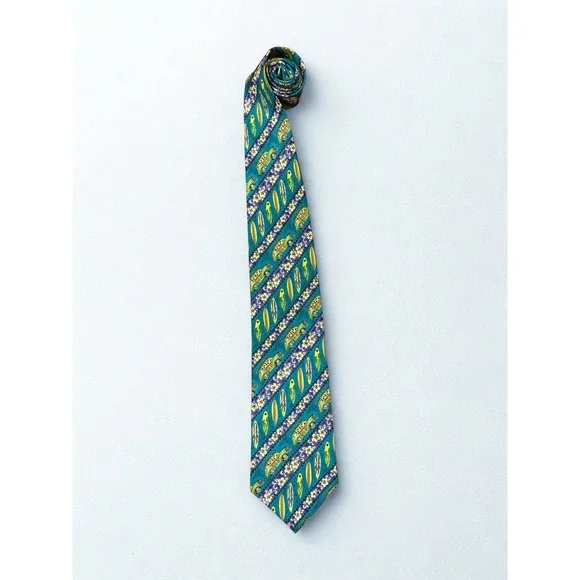 Vintage Hawaii Surf Tie 100% Silk Surf Board Vintage Car FUN RETRO Blue/Green - Picture 5 of 5